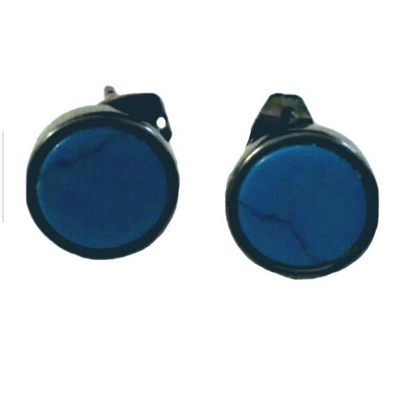 Artisan Earrings Studs Blue Turquoise Gunmetal Possible Sterling Silver Mark - Picture 3 of 3